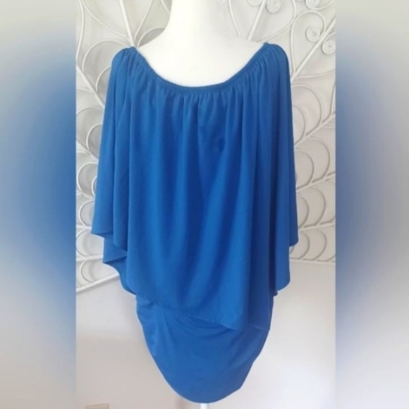Polyester Off-Shoulder Bodycon Mini Dress, Bodycon Batwing Bkue Dress, (L) - Picture 3 of 10